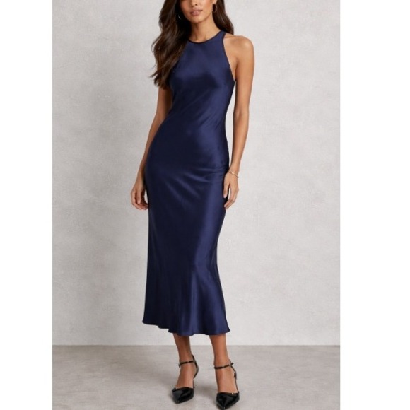 Rails Dresses & Skirts - Rails Women's Navy High Neck Sleeveless Solene Satin Midi Dress Size S NWT